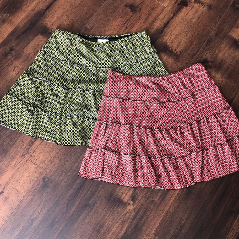 Lot of 2 Sophie Max Studio tiered summer skirts sz L 8 10 12 M green pink black